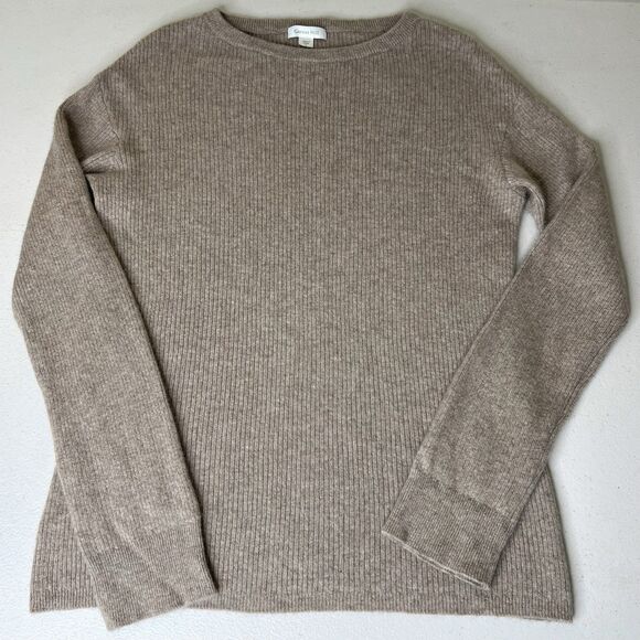 Garnet Hill Sweater Womens Large 100% Cashmere Beige Ribbed Knit Pullover Soft - Picture 1 of 8